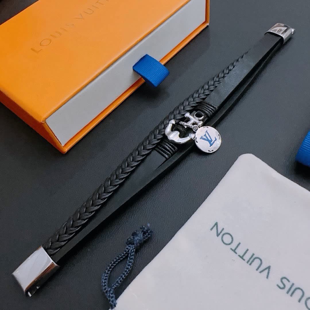 Louis Vuitton Black Leather Bracelet with Anchor Charm
